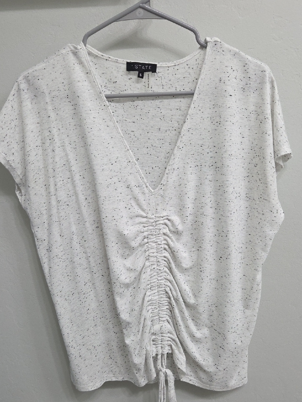 1. State White Speckled V-Neck Ruched Tie Front Tee